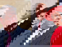 A split side-by-side image of Prince Andrew looking bewildered as Prince William and Kate Middleton look on sternly
