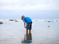 Boy wading in lake