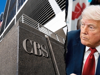 CBS News signage in NYC and Donald Trump in the oval office