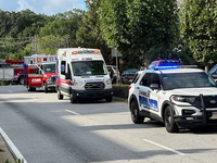 Emergency vehicles lined up on a road at shooting scene