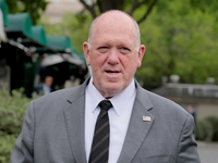 Tom Homan walks toward reporters outside the White House on May 5, 2025